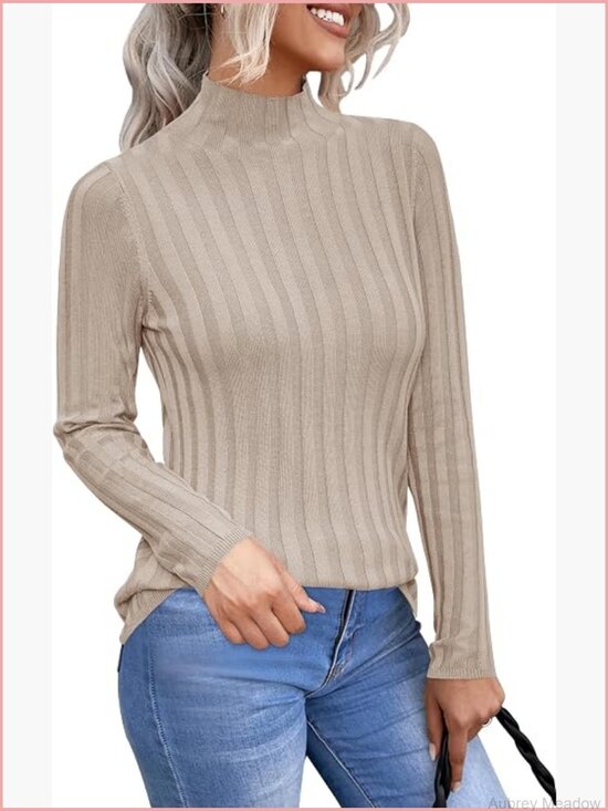 Sweaters - Mock Neck Ribbed Wool Blend Sweater Fitted Long Sleeve Pullover